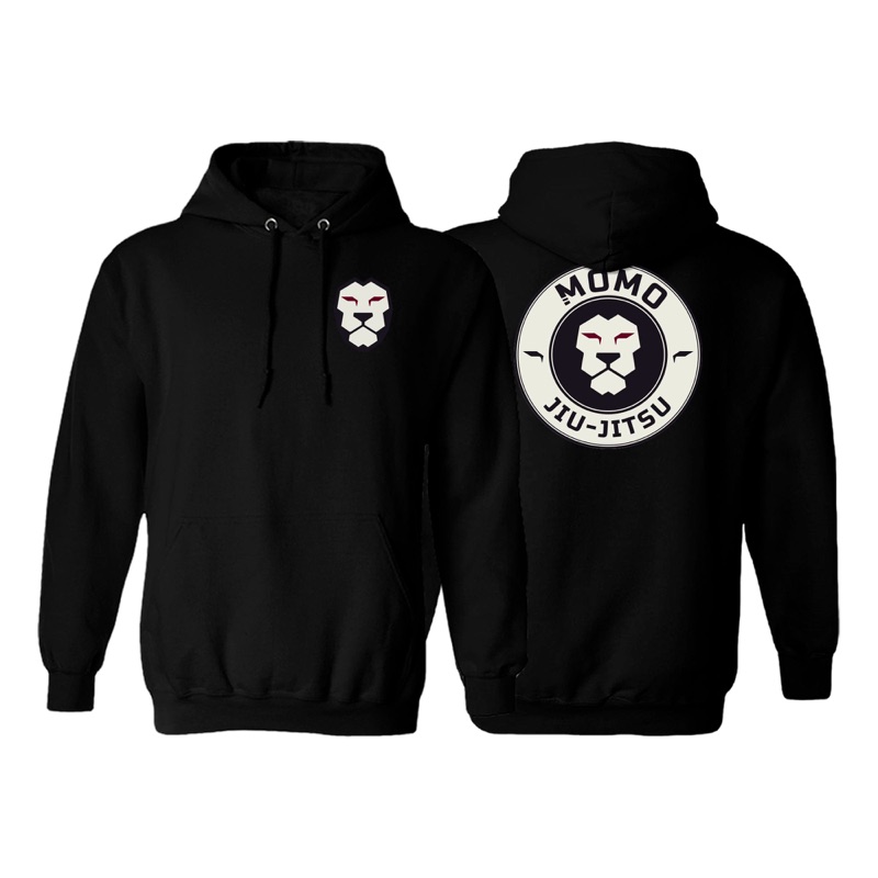 Black MOMO Academy hoodie, front and back