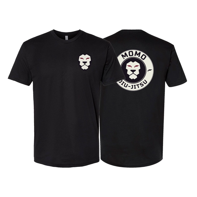 Black MOMO tee with the lion on the chest and the round MOMO Jiu-Jitsu logo on the back